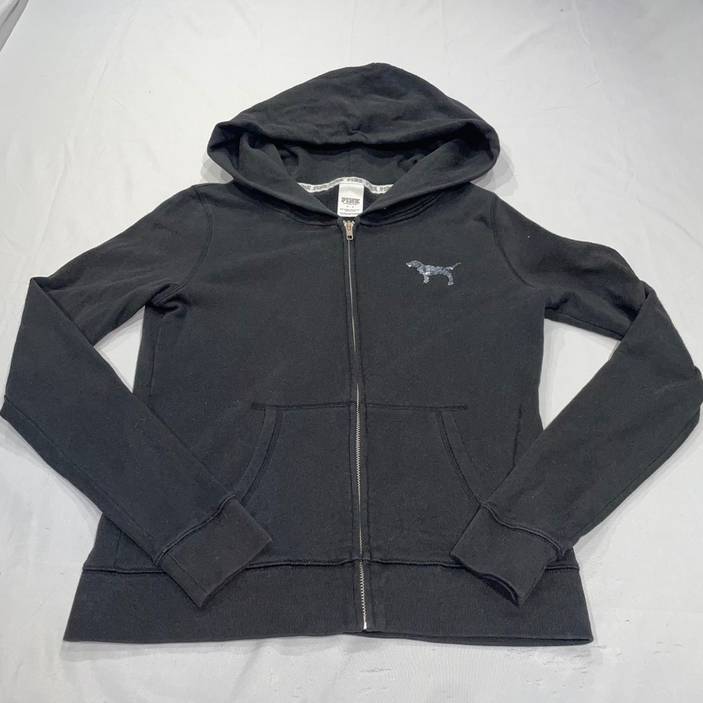 Pink Victoria's Secret Full Zip Hoodie Black Sequin Love Pink Zebra Logo Small